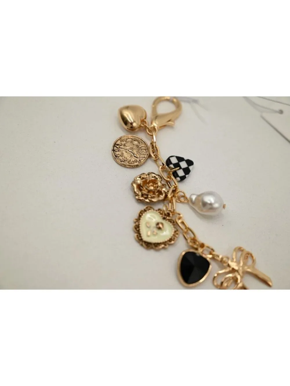NWT Josslyn Bow Checker Heart Flower Bag Charm Key Chain Coquette Accessory